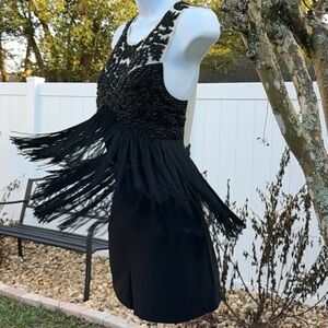 BEBE Black Beaded Fringe Romper – Size 2 – Gatsby / Holiday Party Look